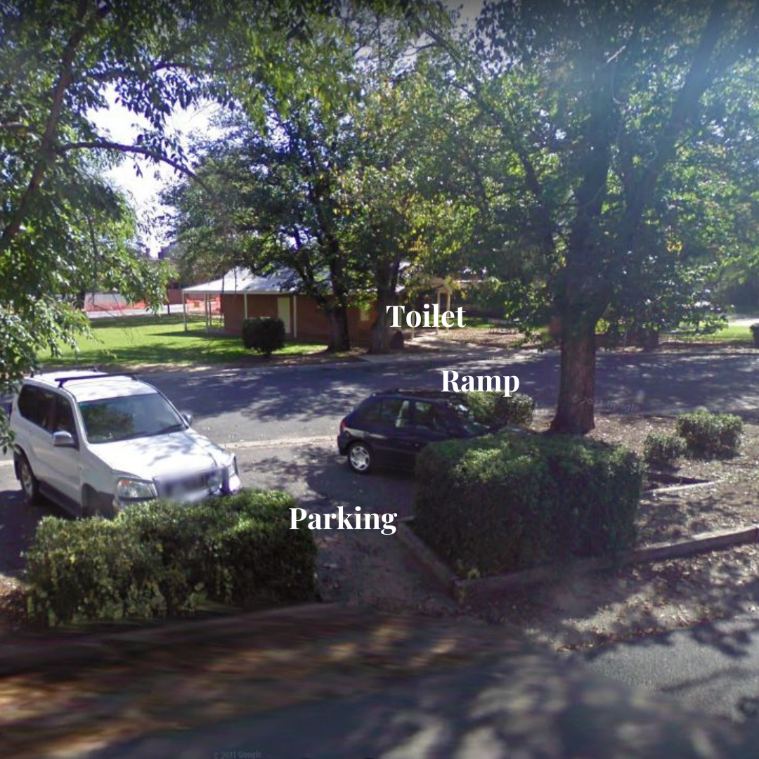 Chiltern Accessibility Car park in Chiltern showing parking, ramp access to public toilets.